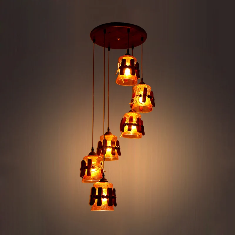 Bell Geel Crackle Glass Cluster Hanglamp Klassiek 6-lichts Restaurant Houten Hangende Plafondlamp Bruin Clearhalo