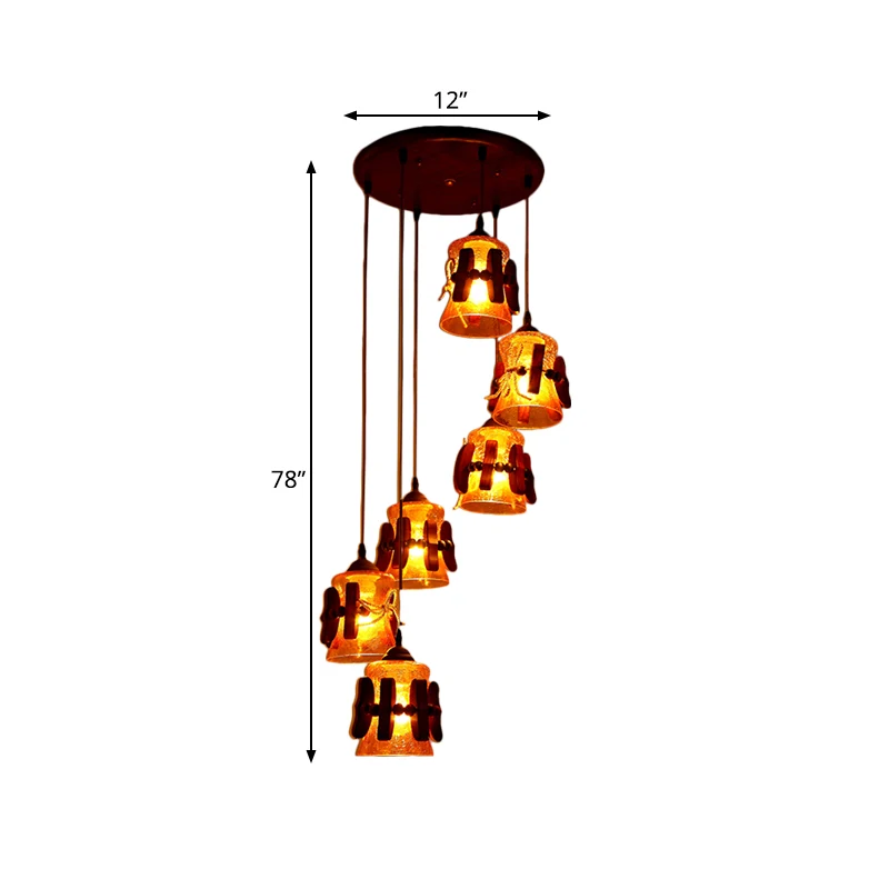 Bell Geel Crackle Glass Cluster Hanglamp Klassiek 6-lichts Restaurant Houten Hangende Plafondlamp Bruin Clearhalo