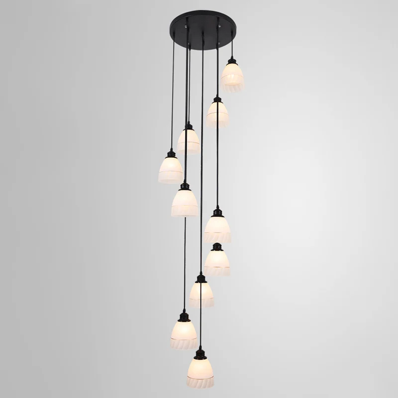 Bell hanglamp eigentijds wit glas 10-kops trap multi-licht hanglamp zwart Clearhalo