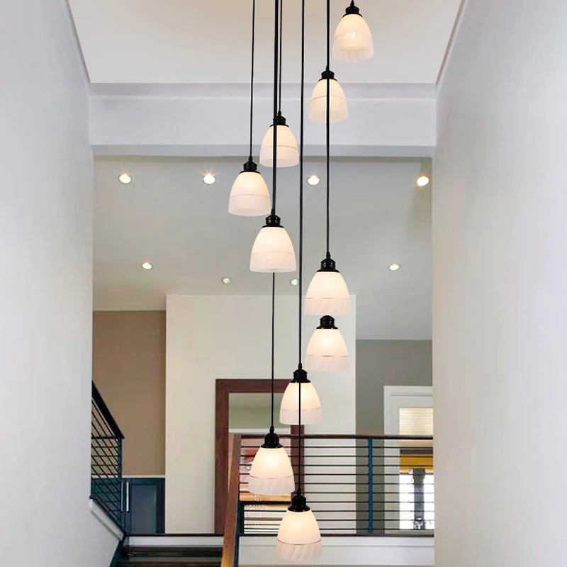 Bell hanglamp eigentijds wit glas 10-kops trap multi-licht hanglamp zwart Clearhalo