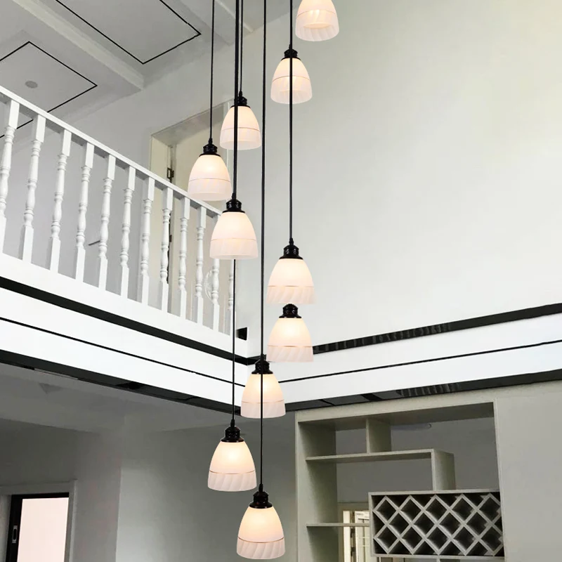 Bell hanglamp eigentijds wit glas 10-kops trap multi-licht hanglamp zwart Clearhalo