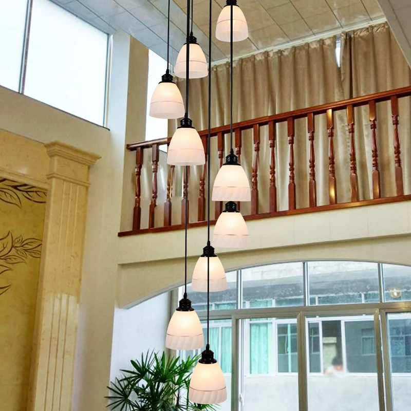 Bell hanglamp eigentijds wit glas 10-kops trap multi-licht hanglamp zwart Clearhalo