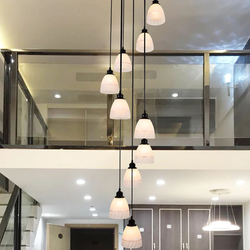 Bell hanglamp eigentijds wit glas 10-kops trap multi-licht hanglamp zwart Clearhalo