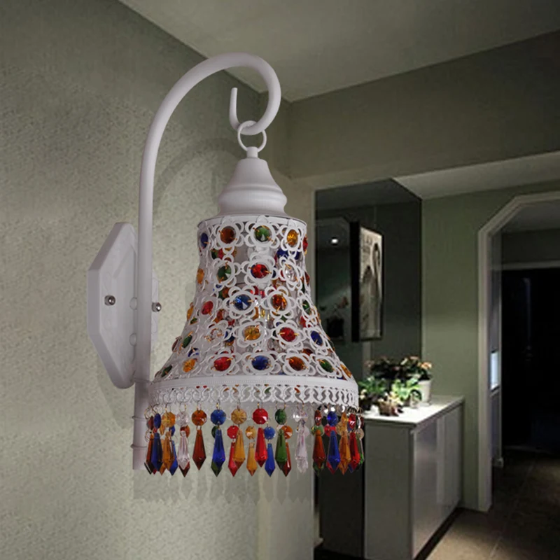 Bell metalen wandkandelaar decoratieve 1-lamp gang wandmontage verlichting wit met hangend kristal Clearhalo
