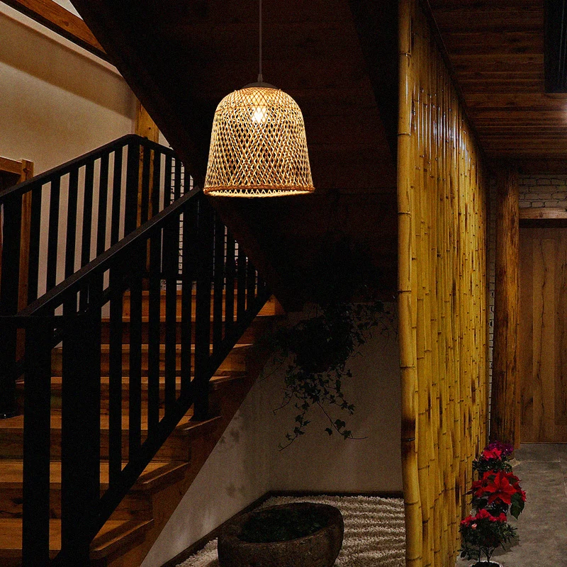 Bell Restaurant Hanglamp Bamboe Eigentijdse hanglamp met enkele lamp hout Clearhalo