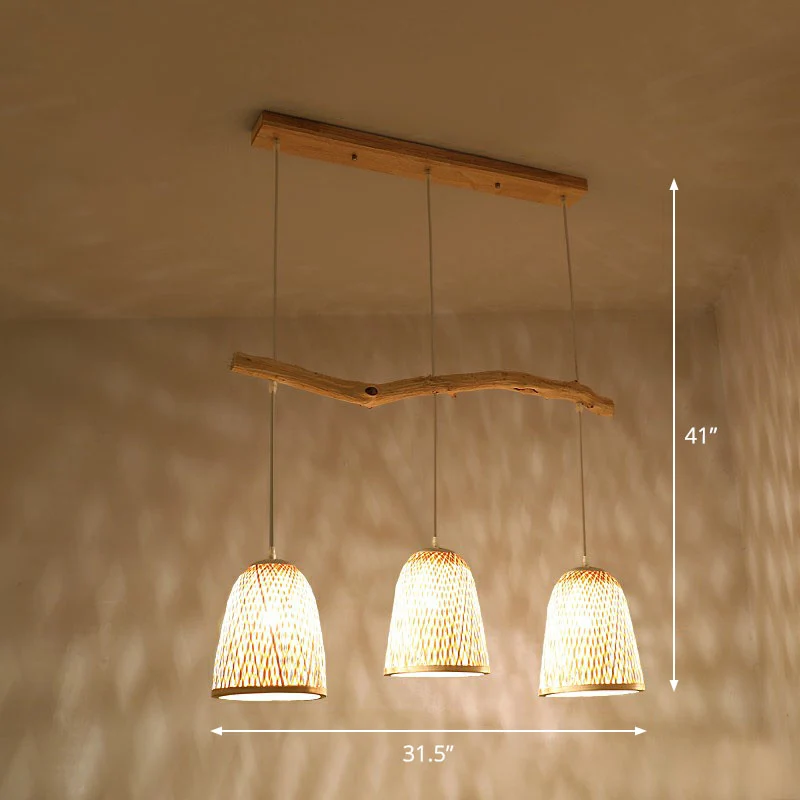 Bell Shade Hanglamp Zuid-Oost-Azië Bamboe 3 Hoofden Theekamer Hangend Eilandlicht Hout Clearhalo