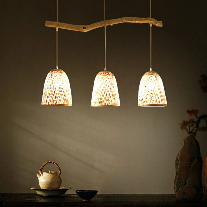 Bell Shade Hanglamp Zuid-Oost-Azië Bamboe 3 Hoofden Theekamer Hangend Eilandlicht Hout Clearhalo