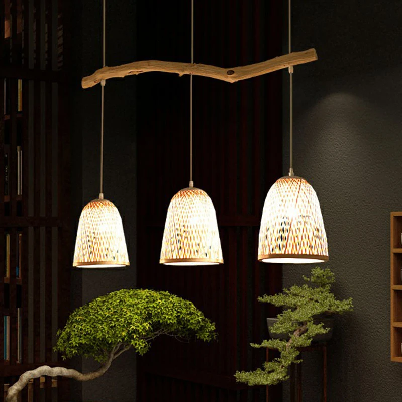 Bell Shade Hanglamp Zuid-Oost-Azië Bamboe 3 Hoofden Theekamer Hangend Eilandlicht Hout Clearhalo