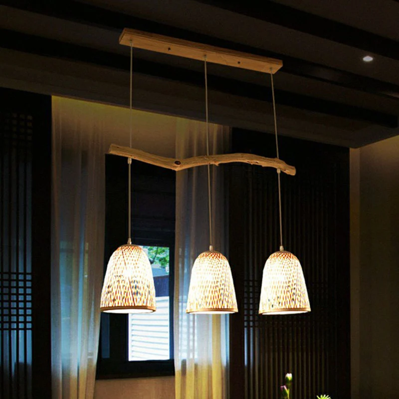 Bell Shade Hanglamp Zuid-Oost-Azië Bamboe 3 Hoofden Theekamer Hangend Eilandlicht Hout Clearhalo