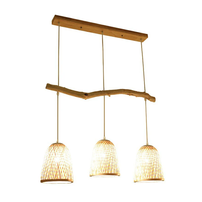 Bell Shade Hanglamp Zuid-Oost-Azië Bamboe 3 Hoofden Theekamer Hangend Eilandlicht Hout Clearhalo