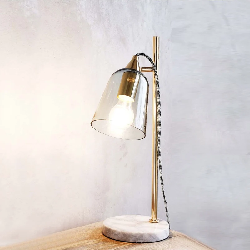 Bell Shade Tafellamp Mid-Century transparant glas enkele gouden nachtlamp met rond marmeren voetstuk Clearhalo