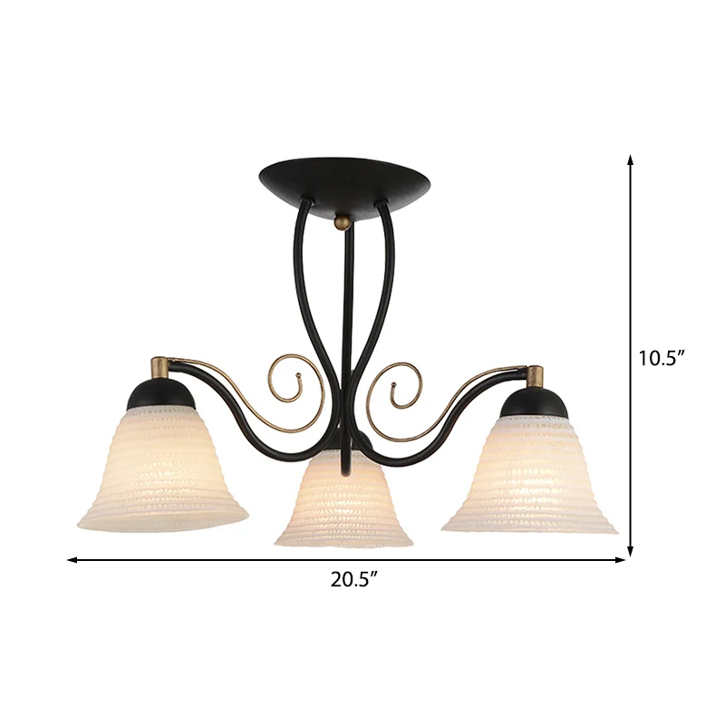 Bell Woonkamer Semi Mount Verlichting Traditioneel Wit Glas 3 Lichten Zwart Plafondlamp Clearhalo