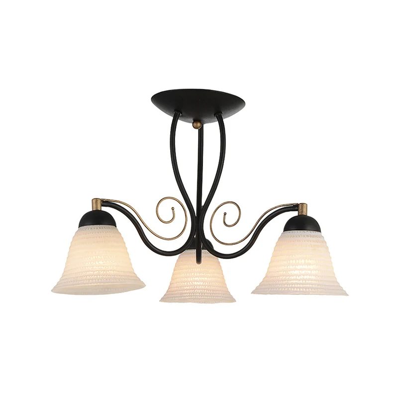 Bell Woonkamer Semi Mount Verlichting Traditioneel Wit Glas 3 Lichten Zwart Plafondlamp Clearhalo