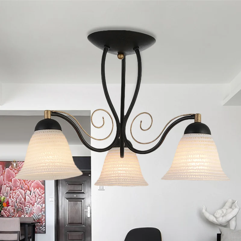 Bell Woonkamer Semi Mount Verlichting Traditioneel Wit Glas 3 Lichten Zwart Plafondlamp Clearhalo