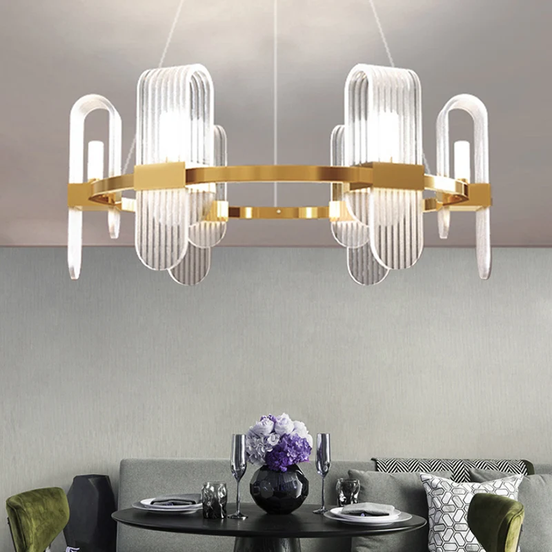 Bend rechthoekig paneel kroonluchter verlichting modernistische acryl 6-lichts gouden LED-plafondhanglamp Clearhalo