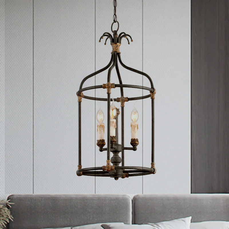Birdcage woonkamer kroonluchter verlichting rustieke metalen 3-lamps zwart en gouden hanglamp Clearhalo