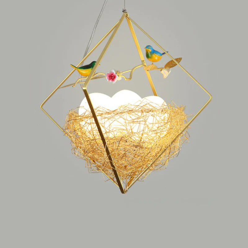 Birds Nest kroonluchter Scandinavische metalen 3-lichts beige hanglamp met ruitframe en eierkap Clearhalo