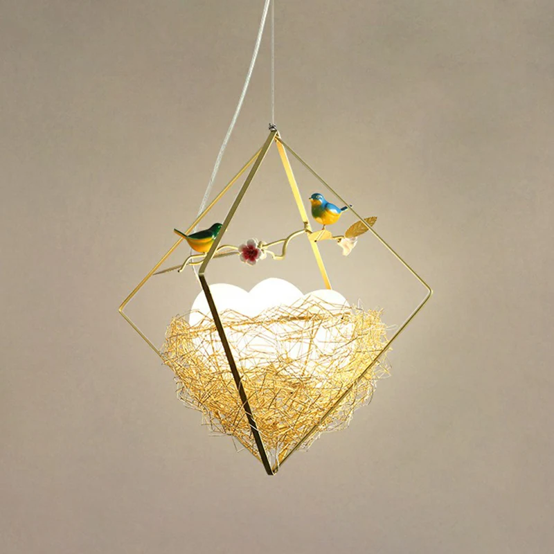 Birds Nest kroonluchter Scandinavische metalen 3-lichts beige hanglamp met ruitframe en eierkap Clearhalo