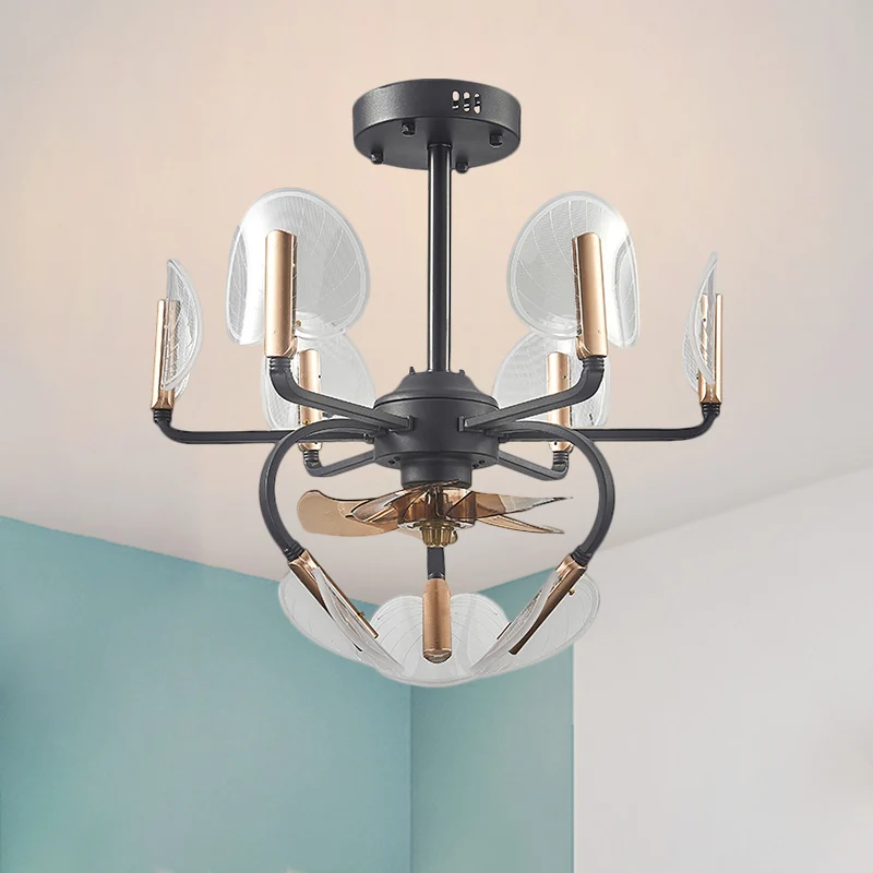 3 bladen lisdodde bladvorm hangende ventilator licht modernisme acryl 23,5 "breed 9 koppen zwart semi-inbouwmontage Clearhalo