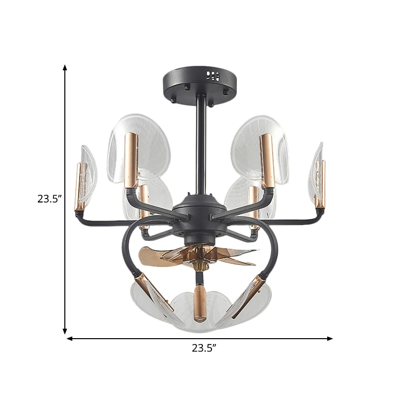 3 bladen lisdodde bladvorm hangende ventilator licht modernisme acryl 23,5 "breed 9 koppen zwart semi-inbouwmontage Clearhalo
