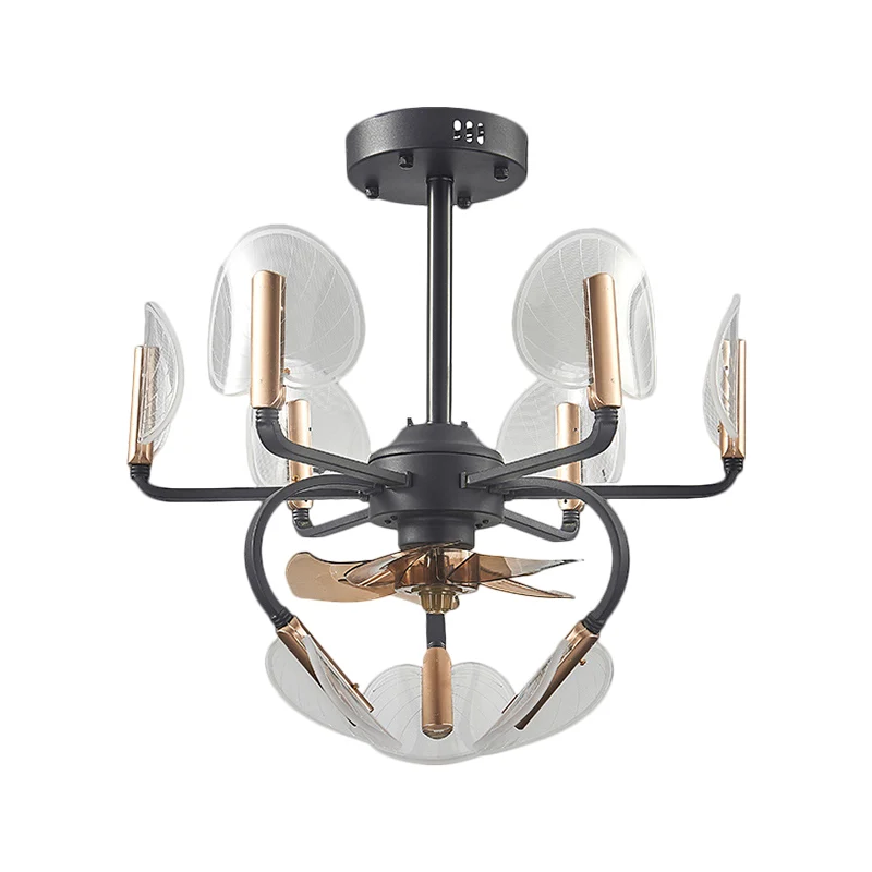 3 bladen lisdodde bladvorm hangende ventilator licht modernisme acryl 23,5 "breed 9 koppen zwart semi-inbouwmontage Clearhalo