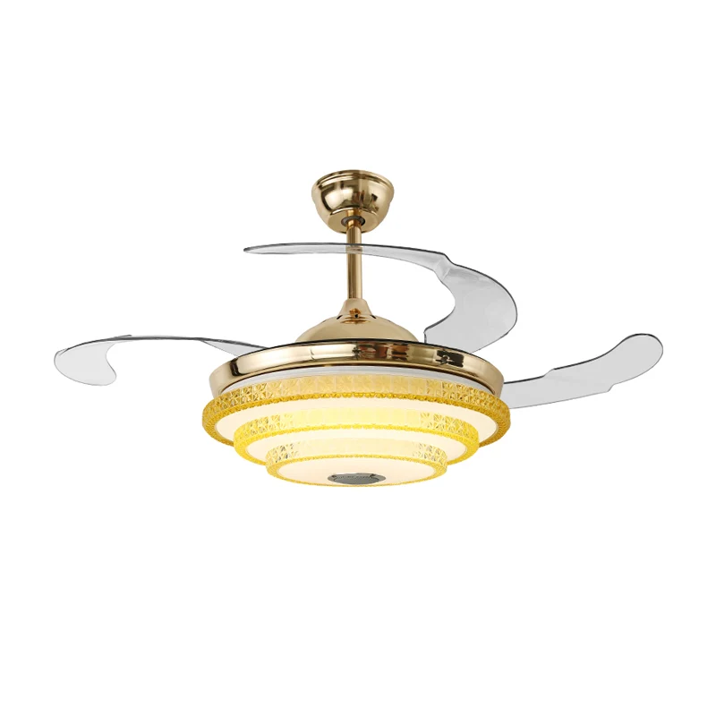 3 bladen moderne ronde semi-verzonken afgeschuinde kristallen LED-plafondventilatorlamp goud, 42" breed Clearhalo