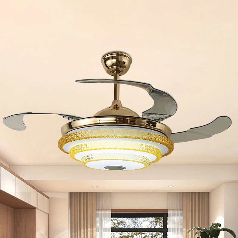 3 bladen moderne ronde semi-verzonken afgeschuinde kristallen LED-plafondventilatorlamp goud, 42" breed Clearhalo