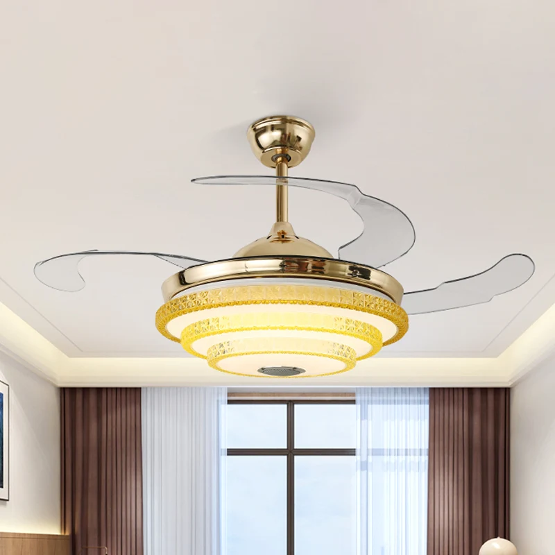 3 bladen moderne ronde semi-verzonken afgeschuinde kristallen LED-plafondventilatorlamp goud, 42" breed Clearhalo