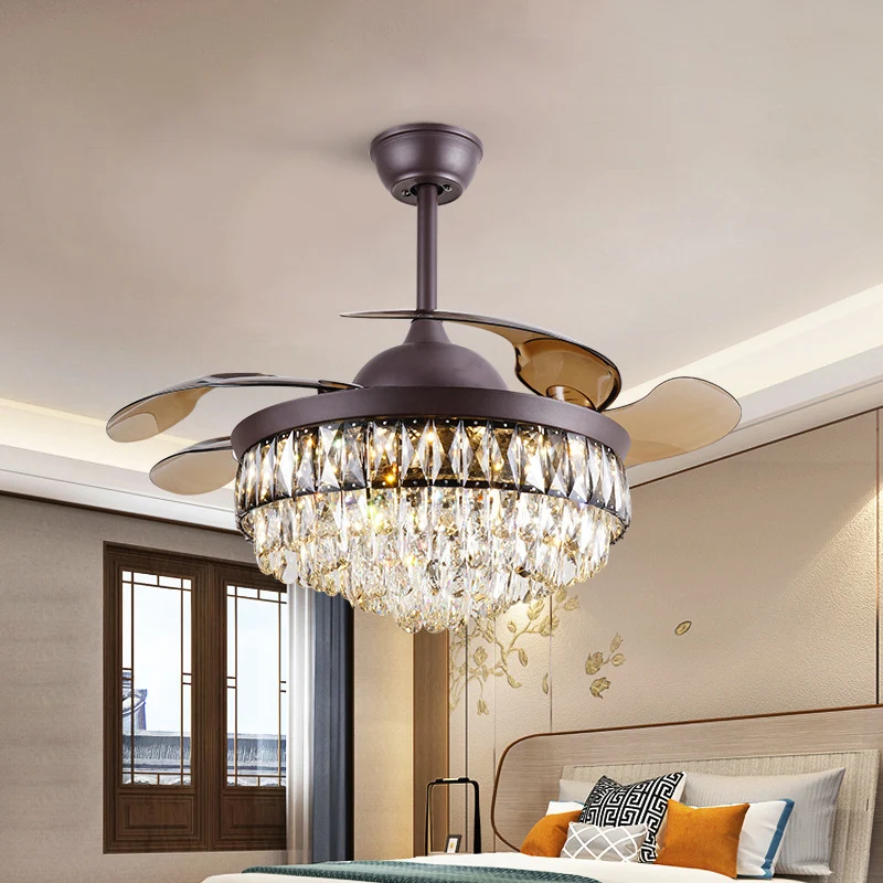 4 bladen woonkamer LED hangende ventilator licht eenvoud zwarte semi-gemonteerde verlichting met taps toelopende heldere k...