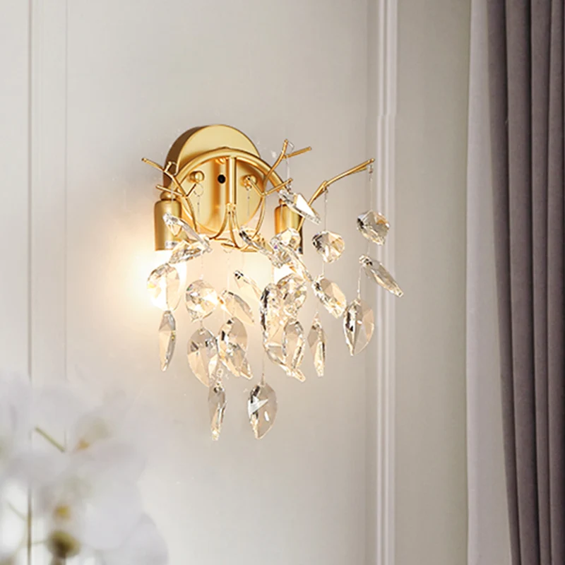 Bladvorm schans verlichting eigentijds afgeschuind kristal 2 lampen gouden wandlamp armatuur Clearhalo