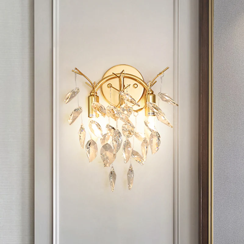 Bladvorm schans verlichting eigentijds afgeschuind kristal 2 lampen gouden wandlamp armatuur Clearhalo