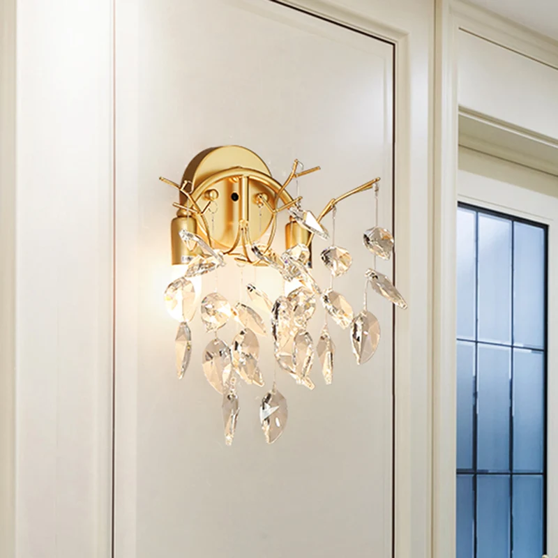 Bladvorm schans verlichting eigentijds afgeschuind kristal 2 lampen gouden wandlamp armatuur Clearhalo
