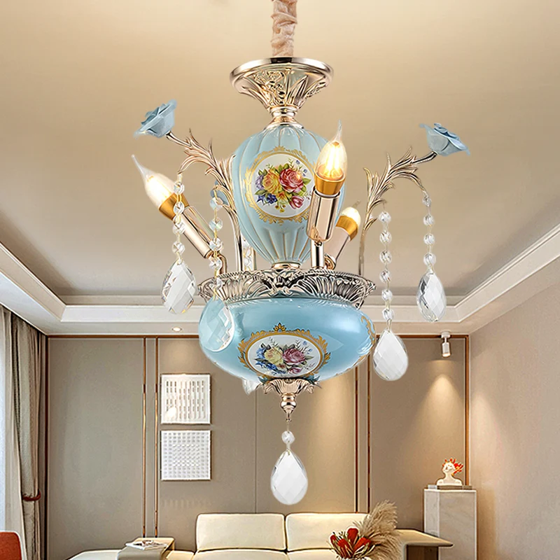 Blauwe 2-laags hangende kroonluchter Traditionele keramiek 3-lichts gangplafondhanglamp Clearhalo