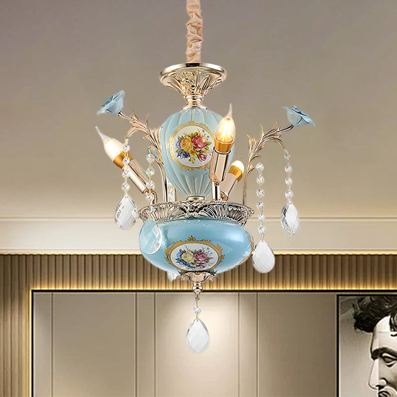 Blauwe 2-laags hangende kroonluchter Traditionele keramiek 3-lichts gangplafondhanglamp Clearhalo