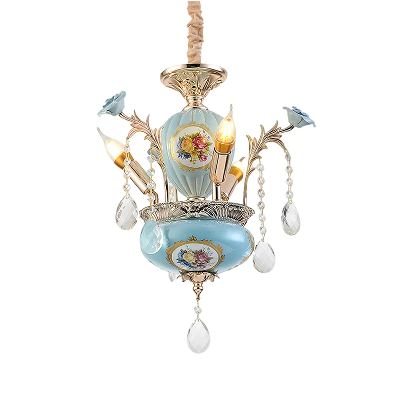 Blauwe 2-laags hangende kroonluchter Traditionele keramiek 3-lichts gangplafondhanglamp Clearhalo