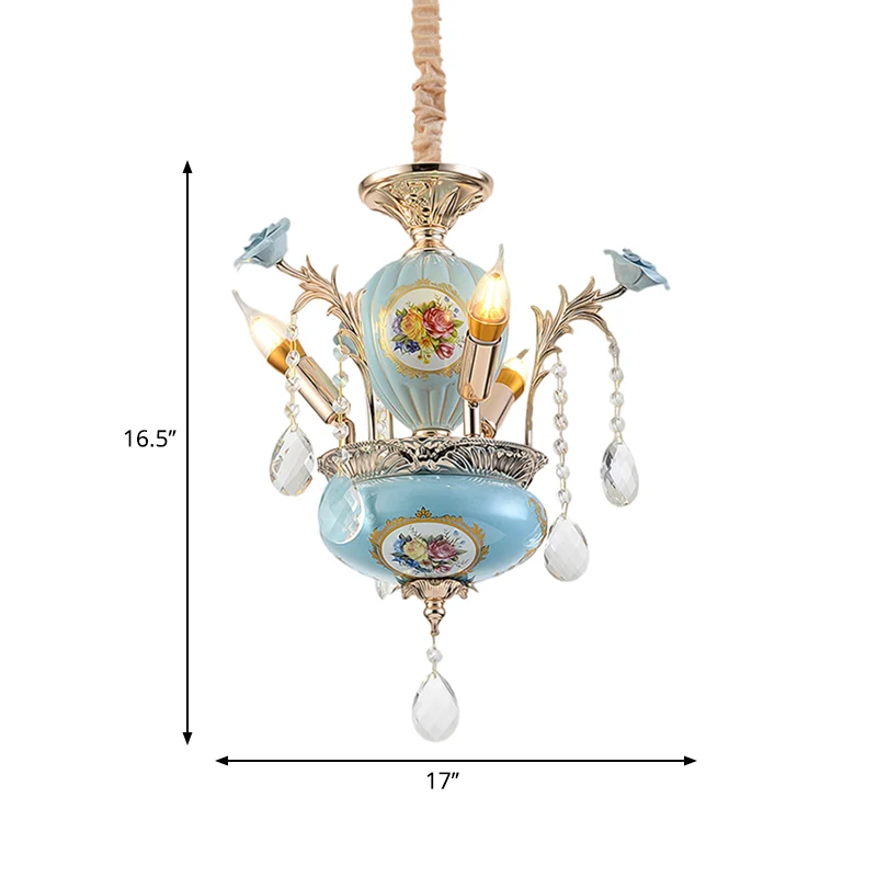Blauwe 2-laags hangende kroonluchter Traditionele keramiek 3-lichts gangplafondhanglamp Clearhalo