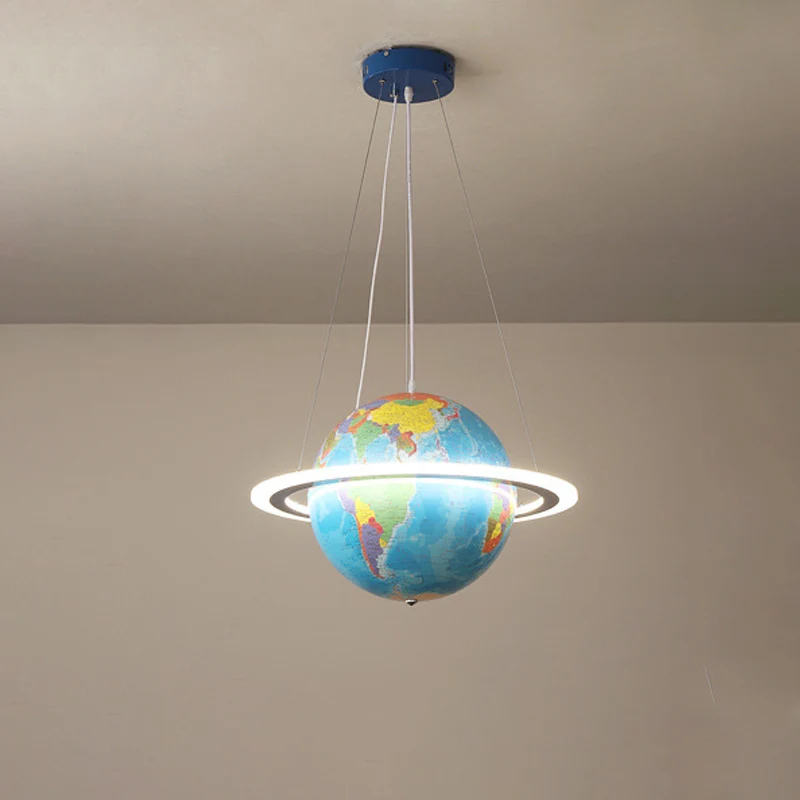 Blauwe aardbol kroonluchter creatieve LED acryl hangende hanger met ring voor kinderkamer Clearhalo