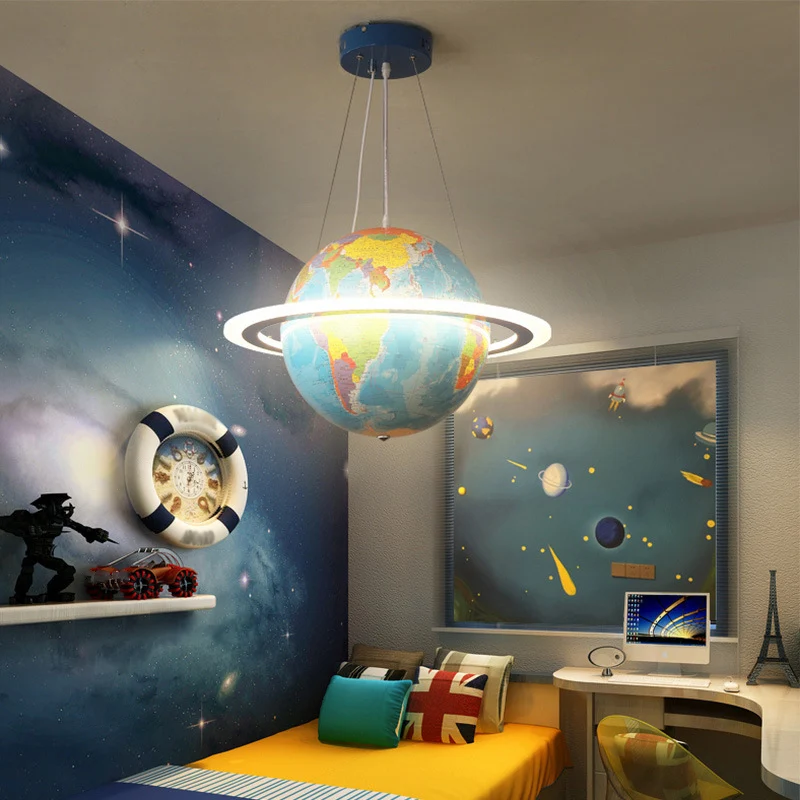 Blauwe aardbol kroonluchter creatieve LED acryl hangende hanger met ring voor kinderkamer Clearhalo