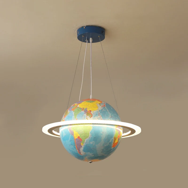 Blauwe aardbol kroonluchter creatieve LED acryl hangende hanger met ring voor kinderkamer Clearhalo