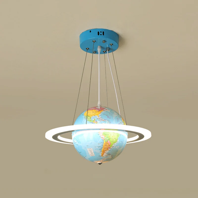 Blauwe aardbol kroonluchter creatieve LED acryl hangende hanger met ring voor kinderkamer Clearhalo