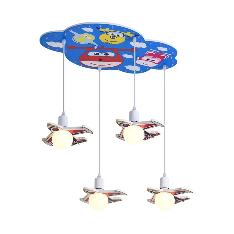 Blauwe afwerking Vliegtuigvorm Multi-plafondlamp Cartoon 4-kops Houten hanglampset Clearhalo