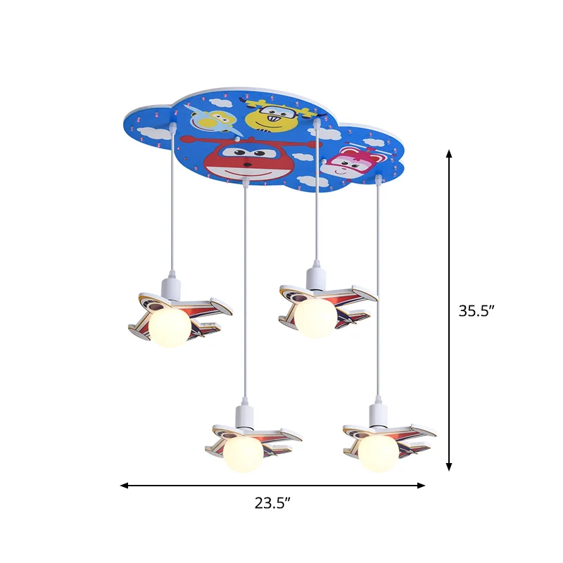 Blauwe afwerking Vliegtuigvorm Multi-plafondlamp Cartoon 4-kops Houten hanglampset Clearhalo