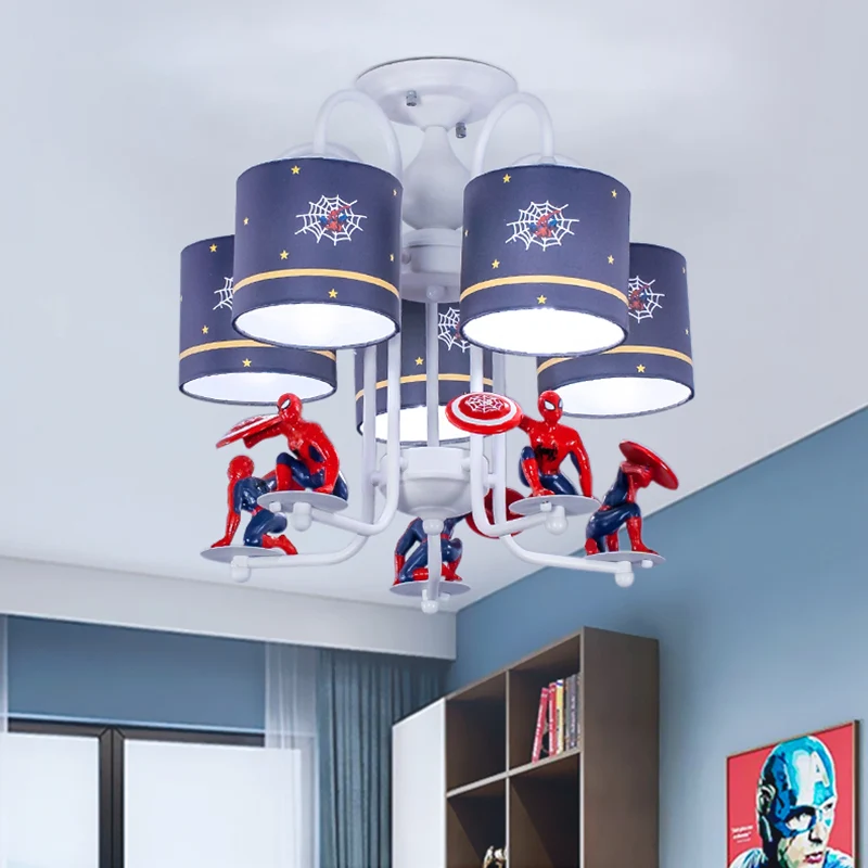 Blauwe cilinder semi-inbouw plafondlamp voor kinderen, 5 lampen, stof, inbouwverlichting met stripfiguur Clearhalo