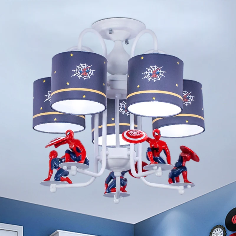 Blauwe cilinder semi-inbouw plafondlamp voor kinderen, 5 lampen, stof, inbouwverlichting met stripfiguur Clearhalo