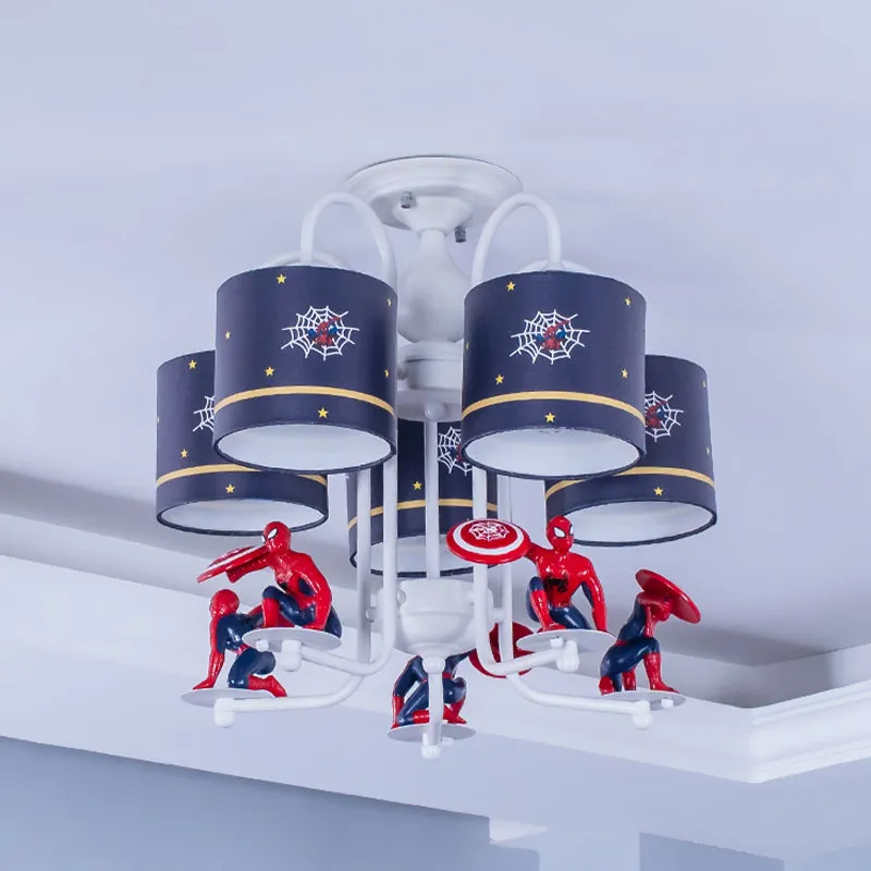 Blauwe cilinder semi-inbouw plafondlamp voor kinderen, 5 lampen, stof, inbouwverlichting met stripfiguur Clearhalo