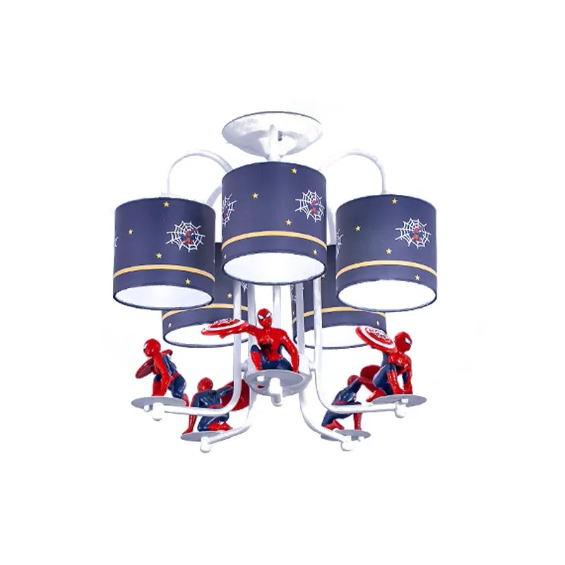 Blauwe cilinder semi-inbouw plafondlamp voor kinderen, 5 lampen, stof, inbouwverlichting met stripfiguur Clearhalo