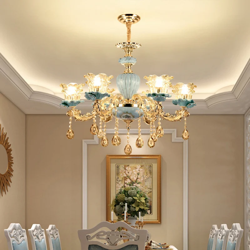 Blauwe kroonluchterverlichting Klassieke handgeblazen glazen ruche bloemenhanglamp met kristallen accent Clearhalo