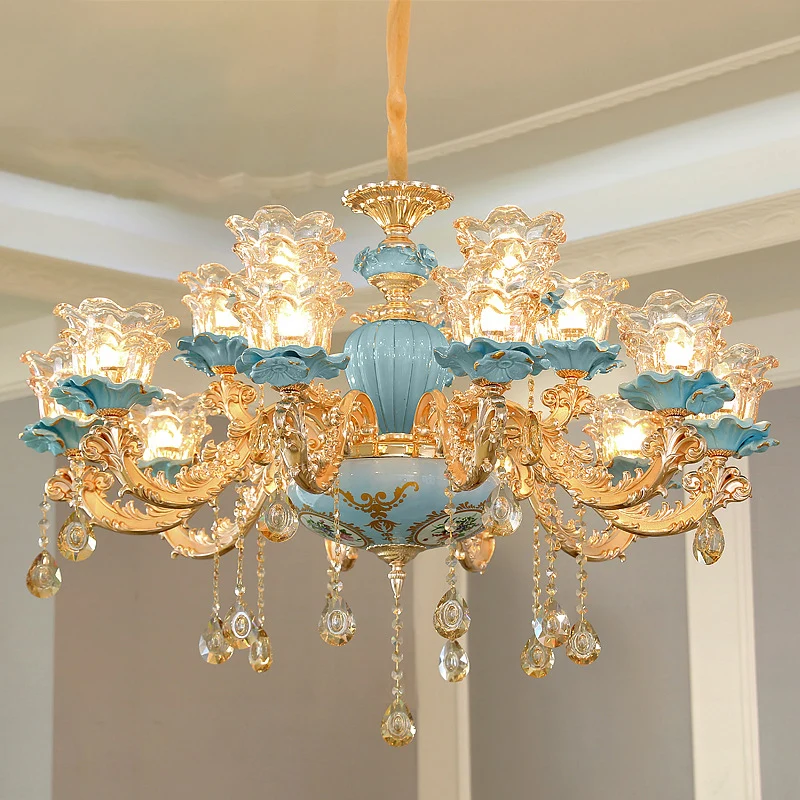 Blauwe kroonluchterverlichting Klassieke handgeblazen glazen ruche bloemenhanglamp met kristallen accent Clearhalo