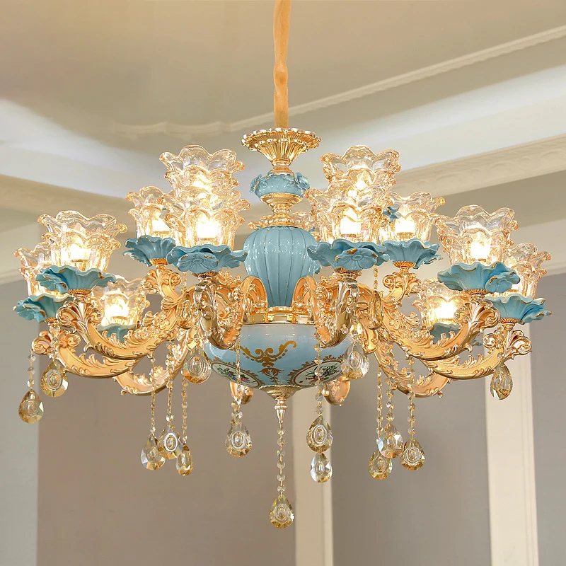 Blauwe kroonluchterverlichting Klassieke handgeblazen glazen ruche bloemenhanglamp met kristallen accent Clearhalo