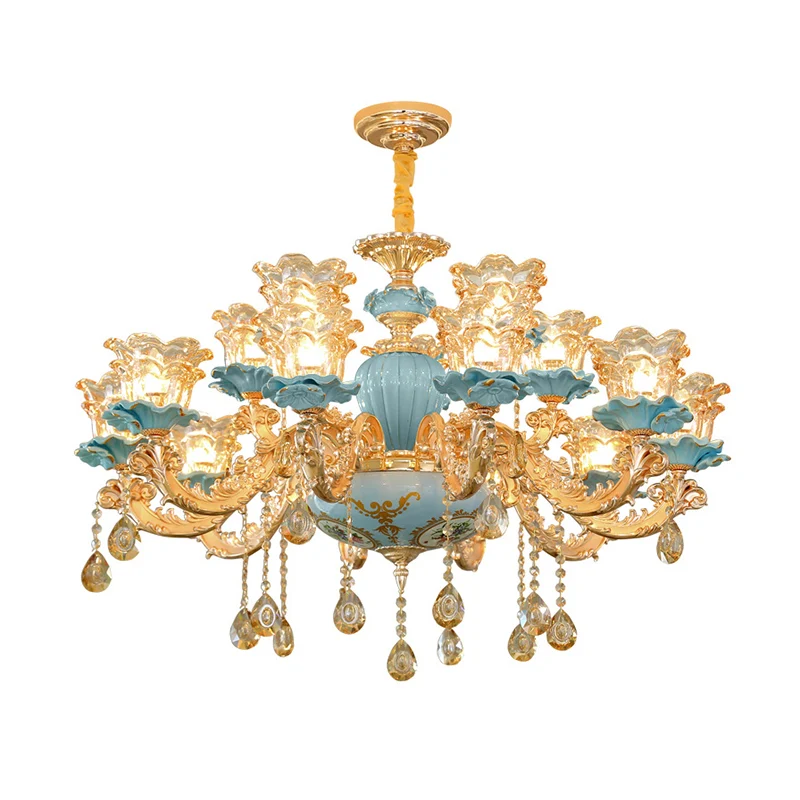 Blauwe kroonluchterverlichting Klassieke handgeblazen glazen ruche bloemenhanglamp met kristallen accent Clearhalo